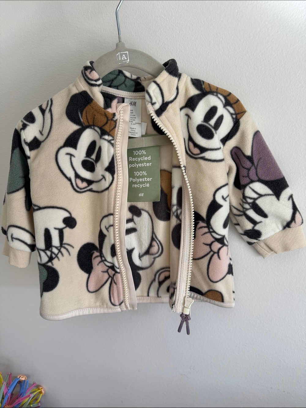 H&M Fleece Jacket with Mickey & Minnie Faces in Cream, Black, Pink & Green